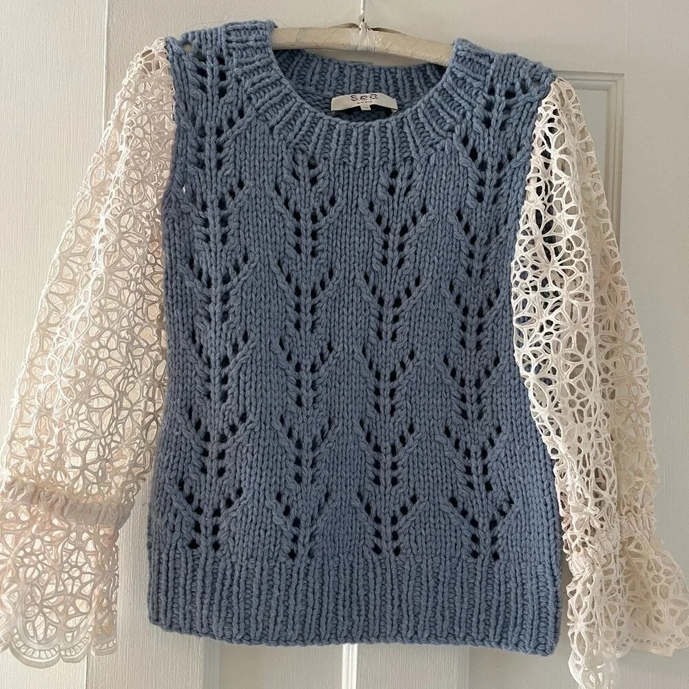 Sea New York Blue Knit Sweater with White Lace Sleeves - Picture 1 of 2